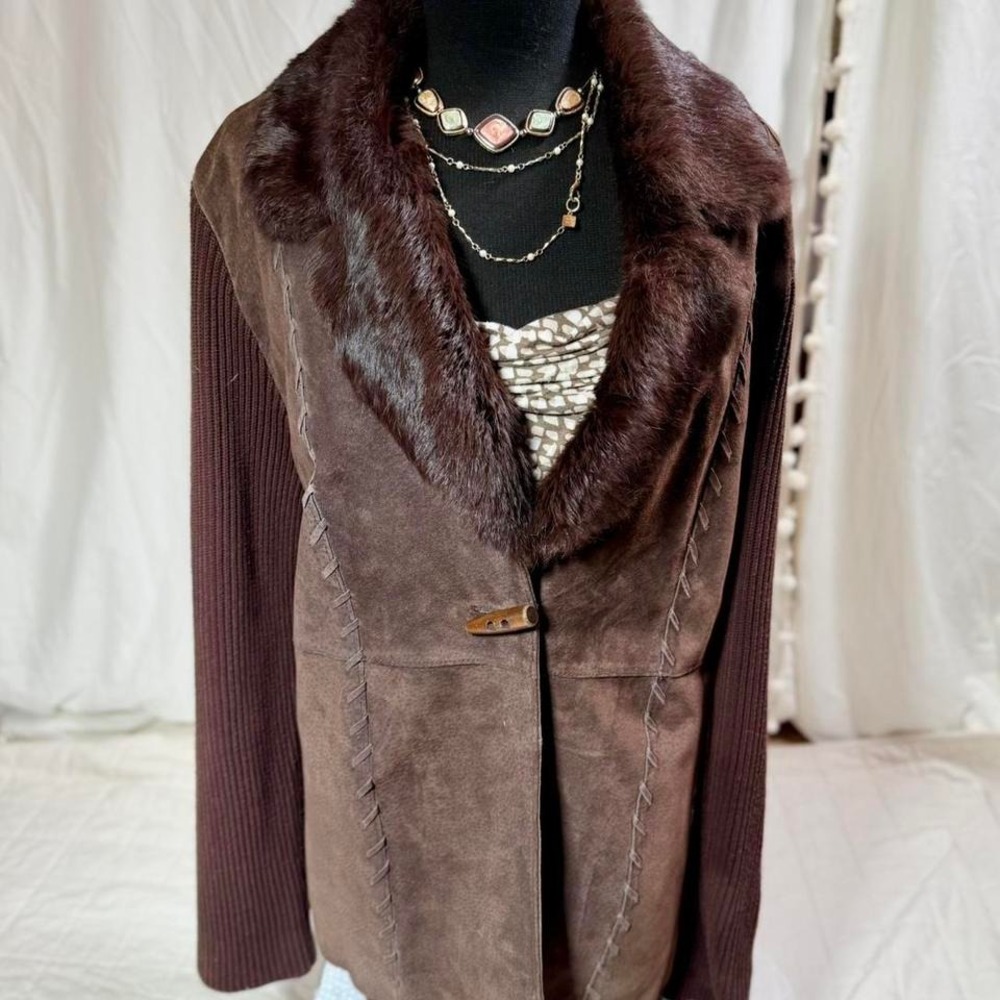 Nygard Collection Leather & Rabbit Fur‎ Trim Cardigan Jacket – Size L (14–16)
